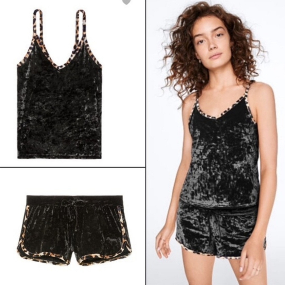 Victoria's Secret Intimate Set Black Velvet w/Cheetah Trim X-Small EUC